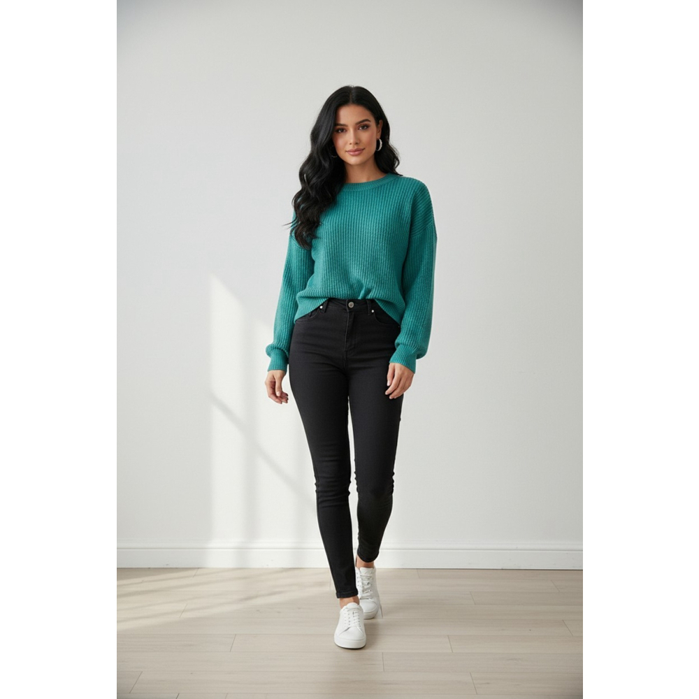 RD Style Women's L/G Teal Cotton Blend Knit Pullover Sweater